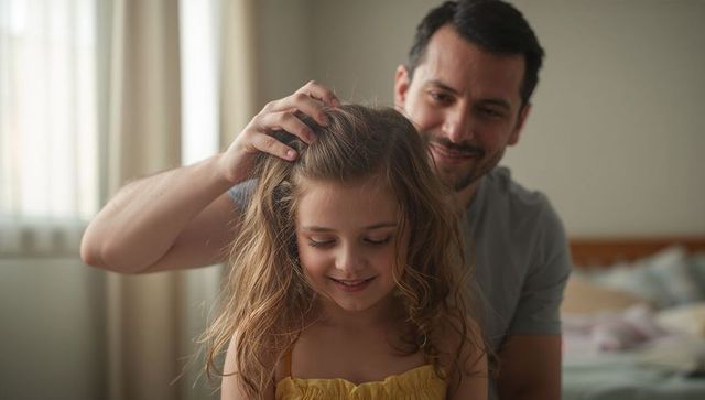 Father smoothing daughter's long hair, bonding with smiling girl in sunlit bedroom