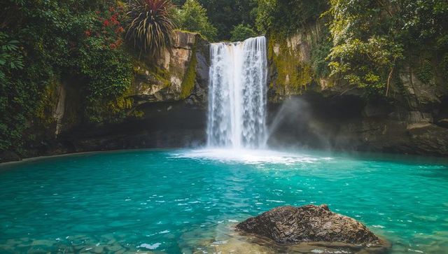 Cascading twin waterfalls plunging into turquoise pool amid lush mossy gorge, hidden oasis