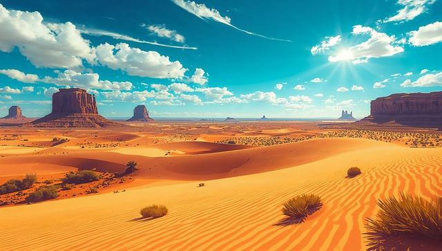 Sunlit rippled sand dunes and distant buttes in vast arid desert valley under blue sky