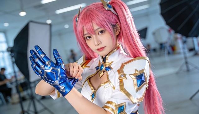 Pink-haired cosplayer posing with blue gauntlet in white gold armor at convention
