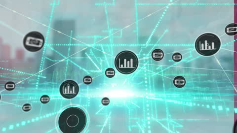 Network of Digital Data Icons Over Cityscape Neon Concept