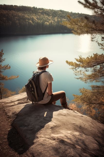 Caucasian female hiker sitting on rock and looking at lake created using generative ai technology. Nature, mountains and hiking concept digitally generated image.