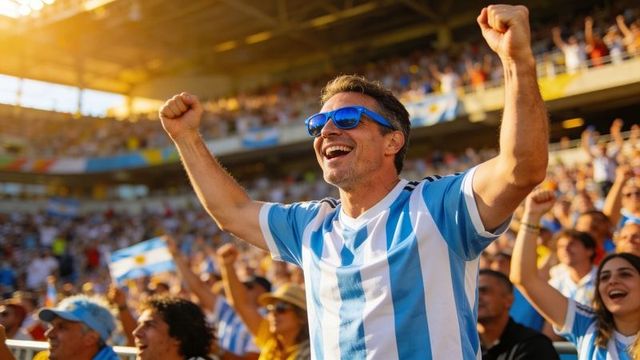 Passionate football fan celebrating victory wearing blue white striped jersey and sunglasses in stad