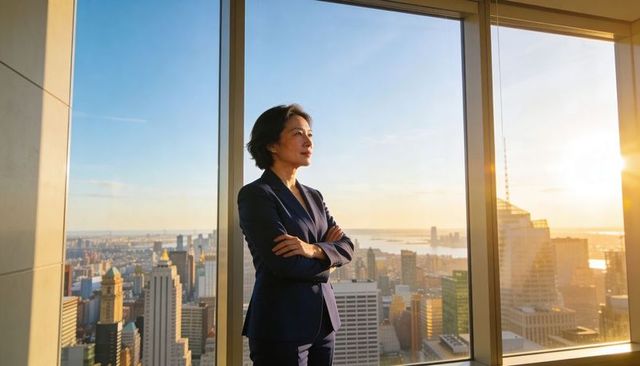 Confident asian businesswoman standing in highrise office, gazing over city skyline at golden hour