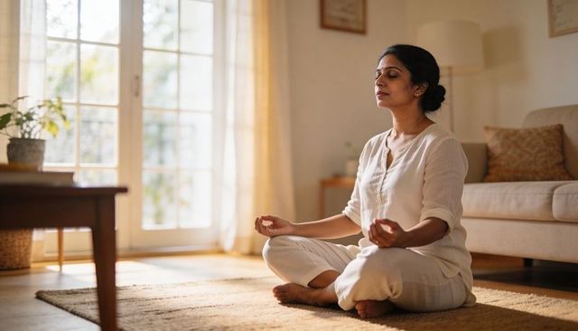 Sunlit home meditation - woman sitting cross-legged on rug in light kurta