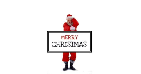Dancing santa claus joyously holding merry christmas sign