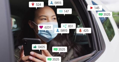 Woman in Car Checking Smartphone with Social Media Alerts