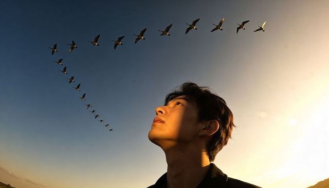 Asian man gazing at v-formation birds at sunrise during golden hour, contemplative profile