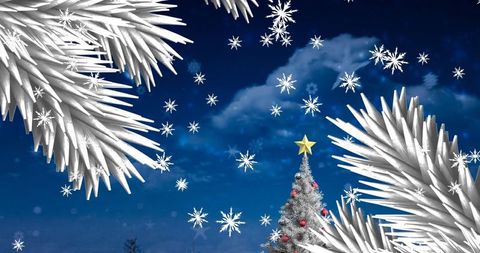 Snowy Christmas Tree with Snowflakes Under Glittering Festive Sky