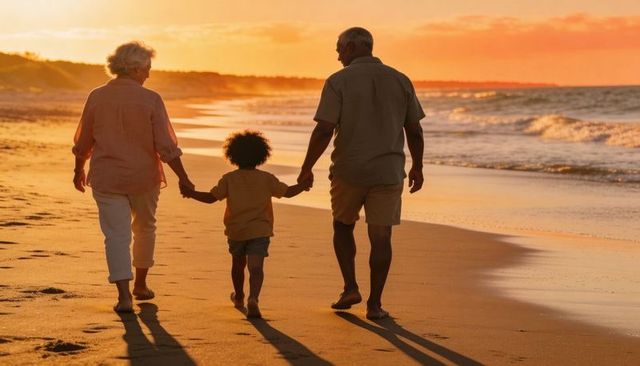 Grandparents holding grandchild hands walking on sunset beach, intergenerational family bond