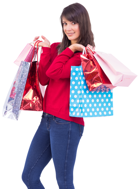 Happy brunette woman holding colorful Christmas shopping bags transparent background - Download Free Stock Videos Pikwizard.com