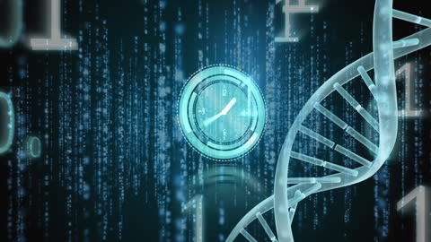 Digital Clock Overlaid DNA Double Helix and Binary Code