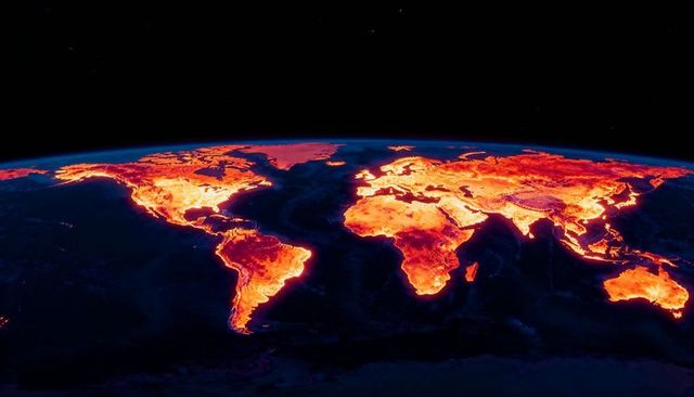 Glowing global heatmap showing earth half in space with fiery continents and blue limb