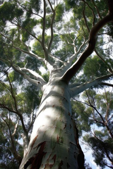 A towering eucalyptus tree extends into the sky, surrounded by foliage. Captured from below, the tree's impressive height and the play of light through its leaves create a serene outdoor setting.