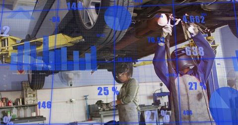 Female mechanics welding and inspecting car on lift with blue data overlay