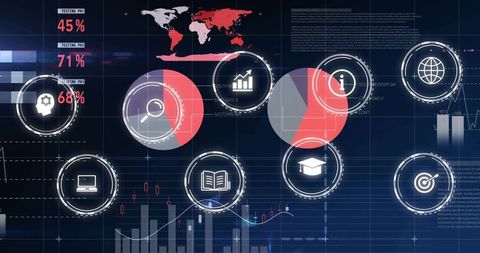 Interactive data dashboard visualizing global finance metrics with iconic analytics widgets