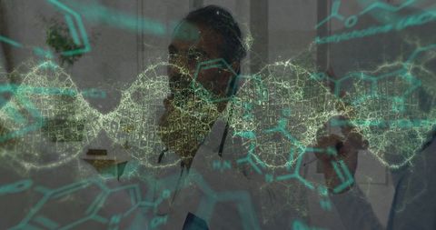 Doctor Analyzing Digital DNA Strand Overlite Technology Interface