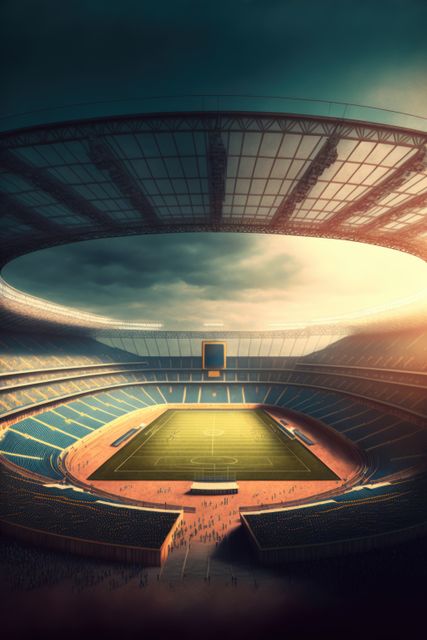 General view of football stadium and sky with clouds created using generative ai technology. Sport and competition concept.