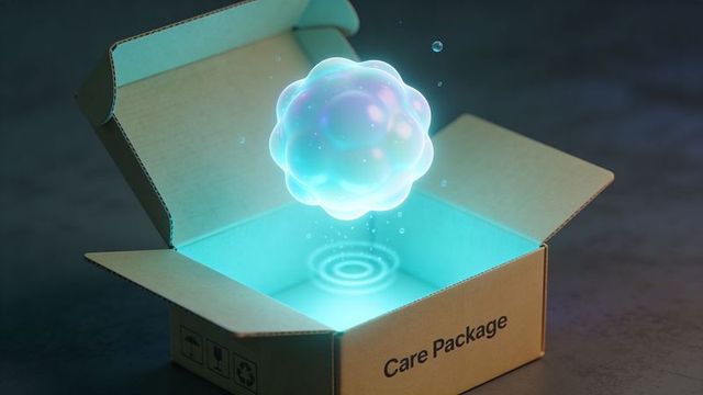 Glowing holographic orb hovering above care package box emitting cyan light and particles