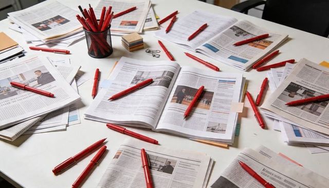 Editorial proofreading workspace showing open magazine, scattered newspapers, red pens