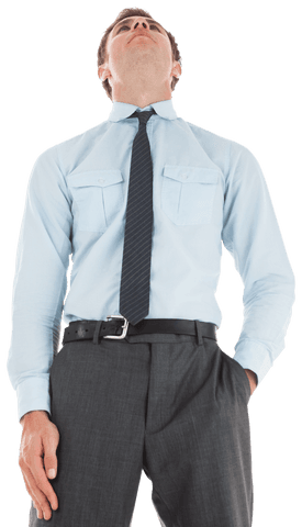 Transparent Serious Businessman in Light Blue Shirt Looking Up
