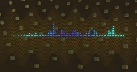 Glowing waveform over rotating cubes on abstract digital canvas