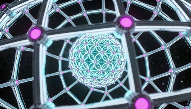 Glowing geodesic orb floating inside chrome lattice with neon magenta nodes