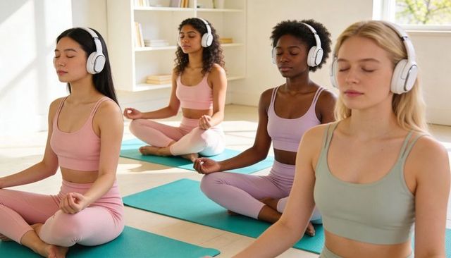 Women meditating with headphones on teal mats in pastel activewear for guided meditation