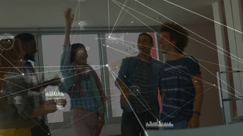 Diverse Students Celebrating with Data Visualization Overlay