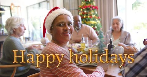 Senior Friends Celebrating Christmas Dinner Together at Home