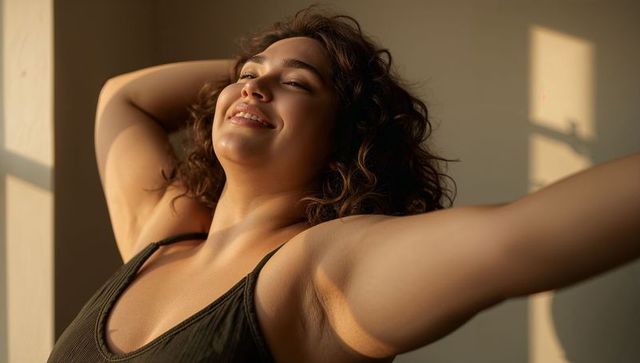 Smiling woman stretching in warm morning light showing braces and body positive confidence