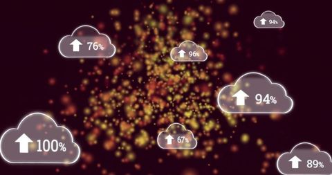 Cloud upload progress showing percentages over warm bokeh background for data transfer