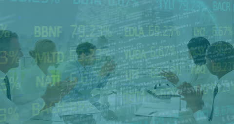 Business Team Analyzing Financial Data with Stock Market Overlays