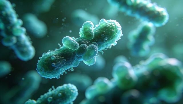 Rod-shaped bacteria with blebs, vesicles and filamentous pili in teal microscopic scene