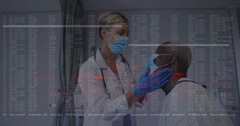 Doctor examining patient throat in clinic wearing mask and gloves with ECG overlay data
