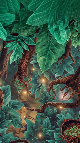 Vertical forest pan revealing bioluminescent vines and glowing leaves with drifting lights