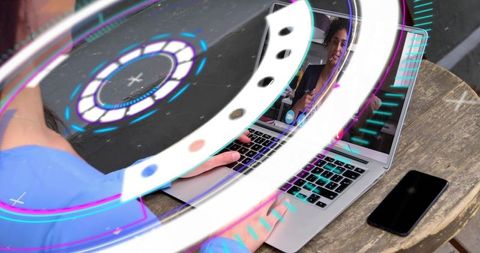 Virtual meeting with neon hud overlays on laptop keyboard, remote collaboration concept