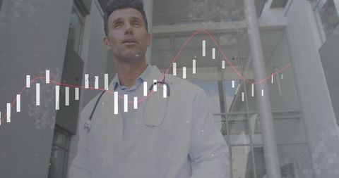 Doctor Analyzing Healthcare Data with Financial Charts Overlay