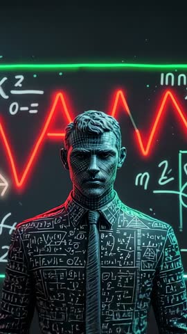 Pulling-back vertical video revealing scientist wearing equation-covered suit in neon waveform lab