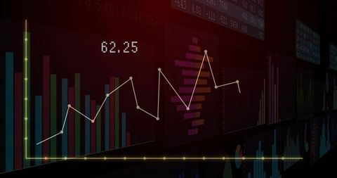 Neon Data Dashboard Displaying Dark Analytics Panels with Line Graphs and Bar Charts