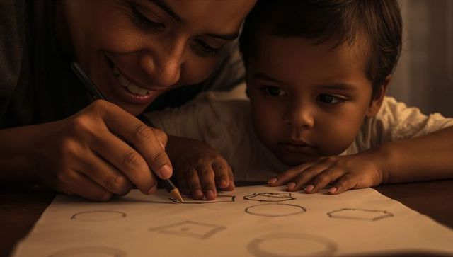 Mother guiding child drawing geometric shapes at cozy table, teaching fine motor skills