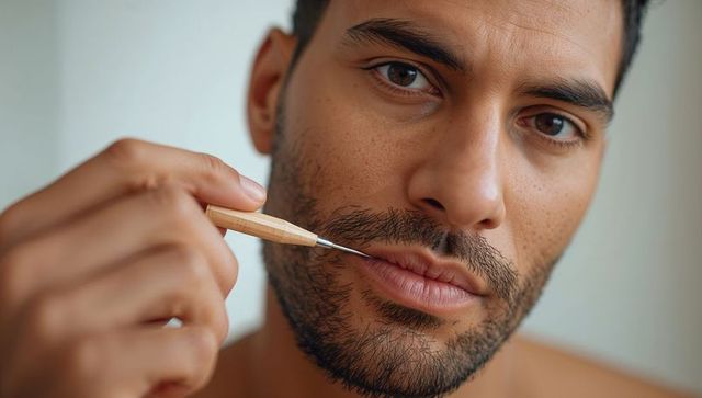 Closeup man trimming moustache with wooden grooming tool shaping stubble and beard