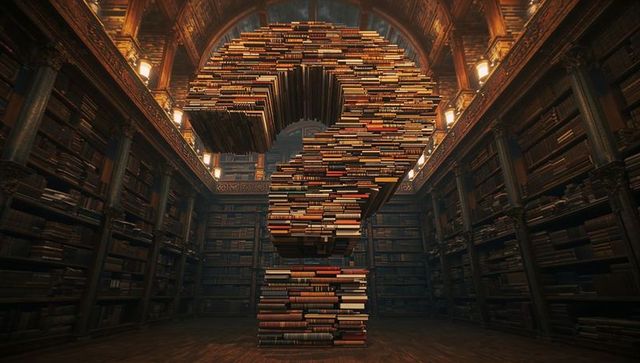 Question mark sculpture of books in grand library