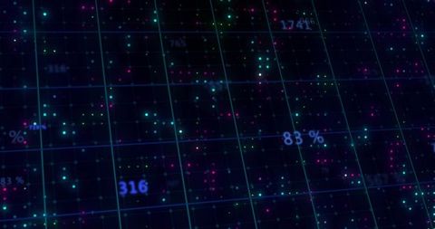Neon Holographic Data Grid Visualizing Digital Particles, Percentages and Numeric Labels
