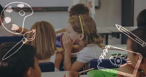 Girls sharing secrets with art doodle overlay in classroom setting