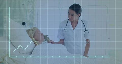 Nurse taking patient's pulse with vital sign graph overlay in hospital