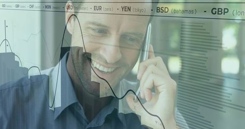 Businessman Communicating Amid Global Financial Data and Trends
