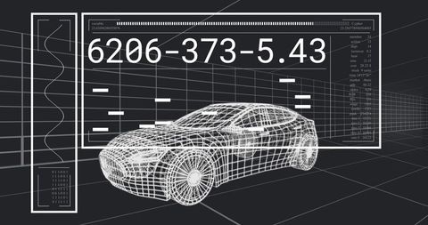 Futuristic Car Wireframe HUD Visualization with CAD Mesh, Data Overlay and Interface