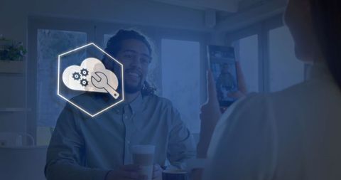 Technology Icon Overlay in Modern Café Environment