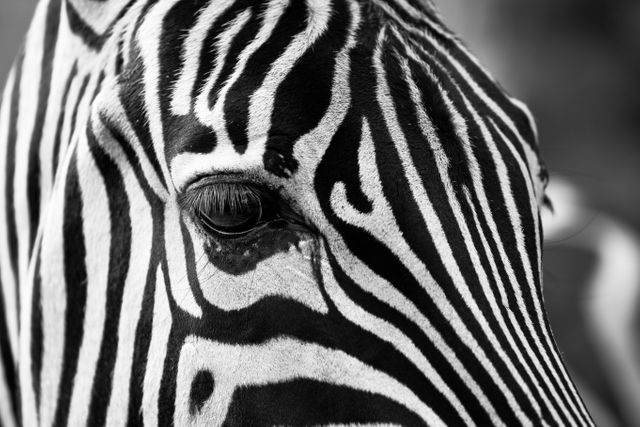 This striking black and white close-up shows the distinct patterns and textures of a zebra's stripes, focusing on the eye. It is ideal for use in wildlife photography showcasing, educational materials about animals, or as a thematic element in nature-based designs and prints.